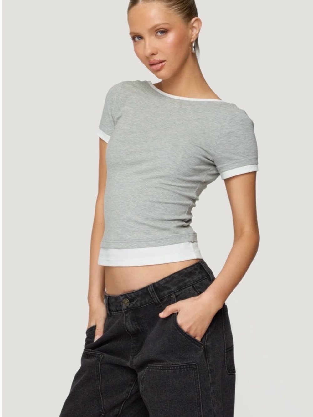 Women's Heather Gray Short Sleeve Crop Ringer Top